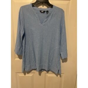 Lands End Blouse Linen Blend Tunic Top Small Light Blue Pockets 3/4 Sleeve Women